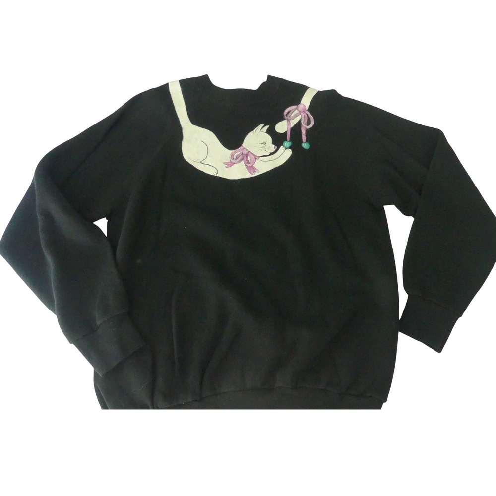 Vintage Tultex Hand Painted Cat Sweatshirt Large Black 90s Artsy Chase Tail